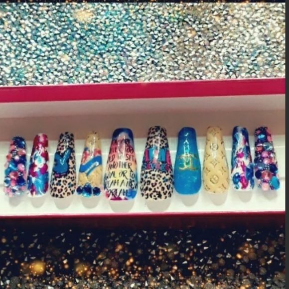 Designer Handmade XL Coffin Hard Gel Press On Nails - Picture 3 of 6